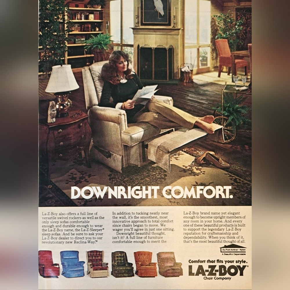 1980 La-Z-Boy Recliner Ad Downright Comfort Woman With Shoes Kicked Off Relaxing